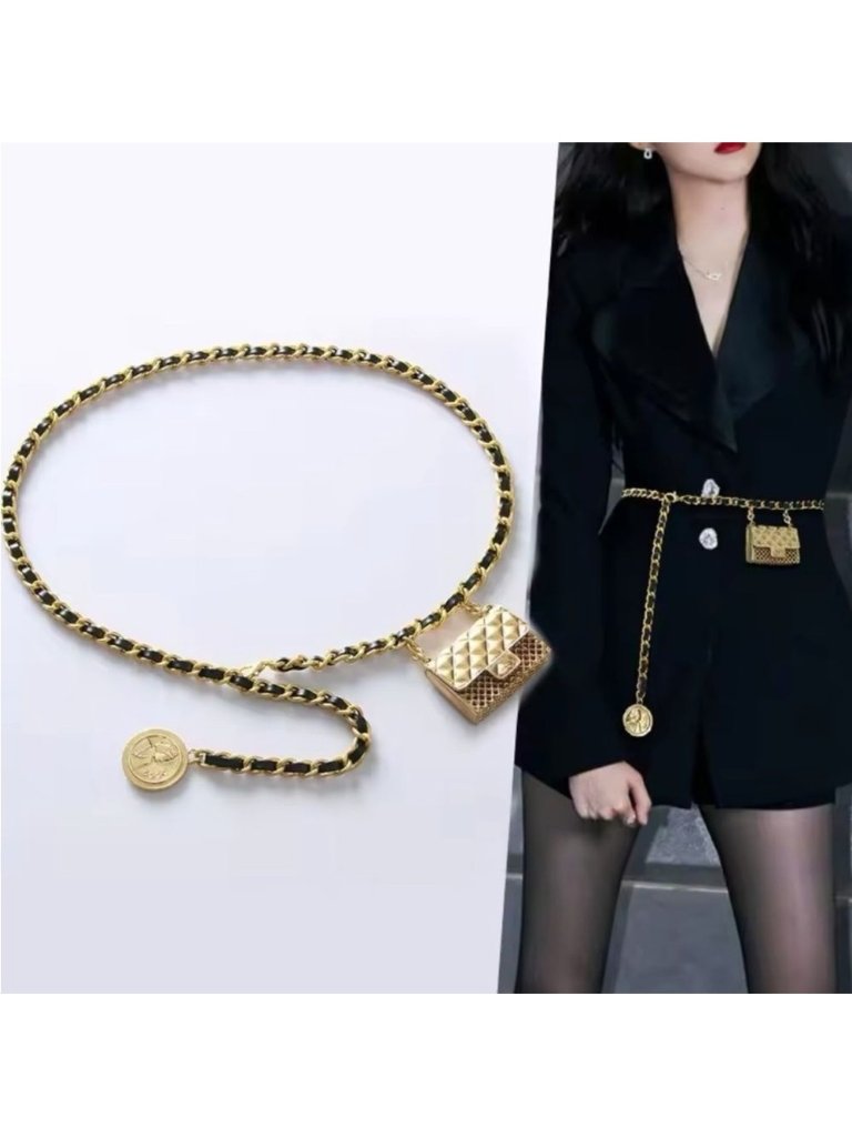 Anthropologie Famous Black Gold Chain Belt With Designer Mini Charm Bag